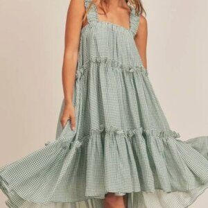 SLEEVELESS CHECKERED RUFFLE MIDI DRESS